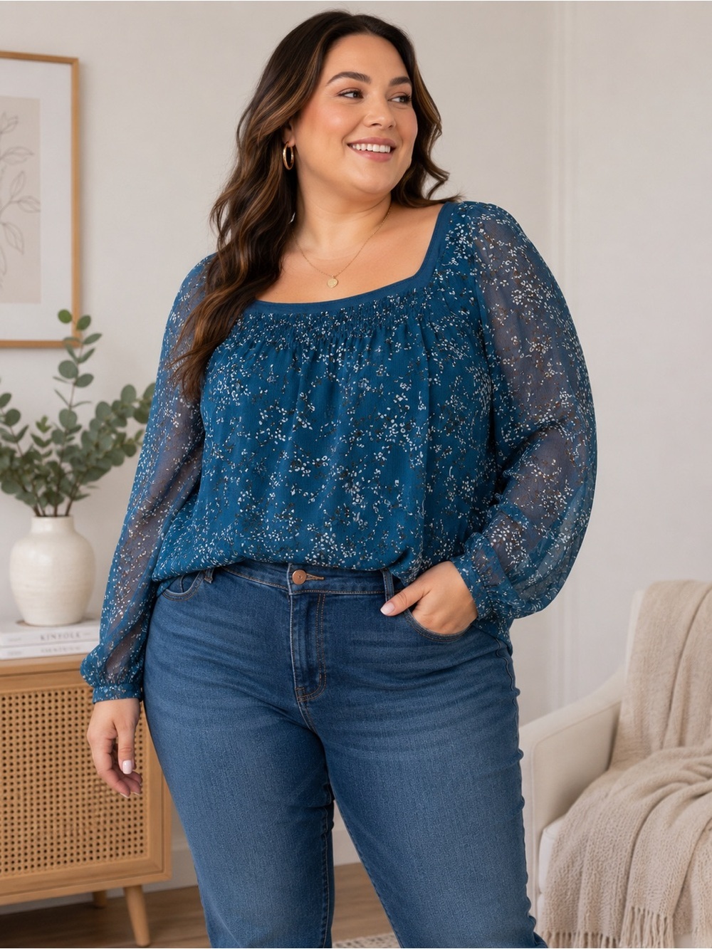 Esprit Teal Floral Square-Neck Long Sleeve Blouse Size 14 Boho Cottagecore